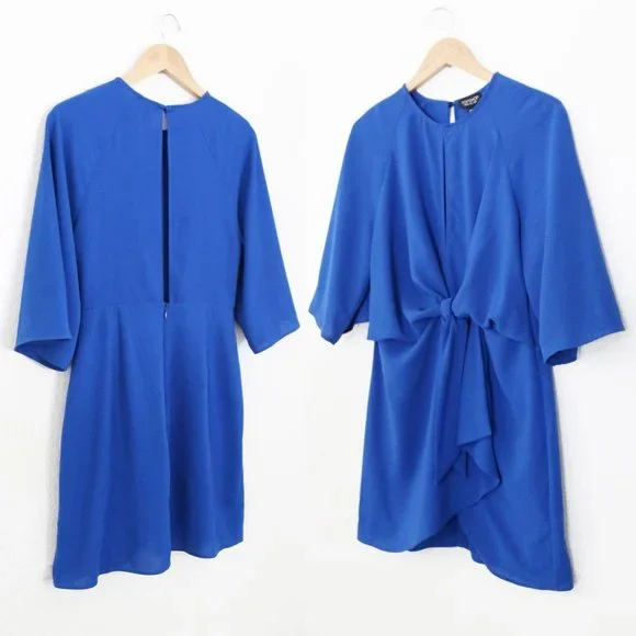 Topshop Dress Wide Half Sleeves Knot Tie Front Cobalt Royal Blue Mini Dress US 8 - Picture 7 of 16